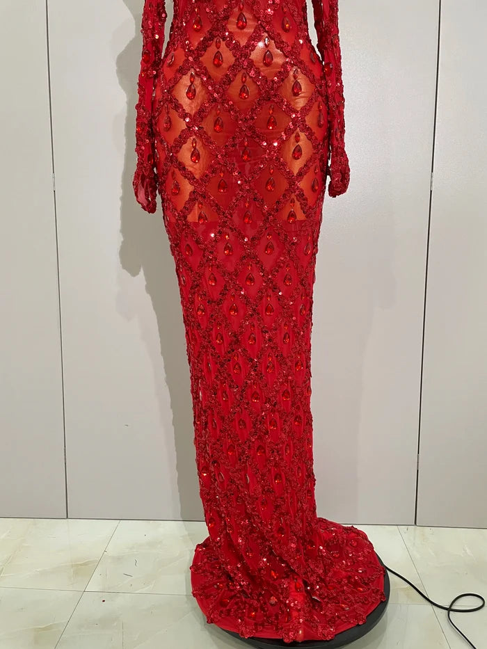 Avery sparkly rhinestones halter mesh long prom dress with gloves for women.