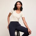 Front image of a woman wearing Avi Scoopneck T-Shirt - Organic Ribbed Pima Cotton :: Beige Melange | Lead