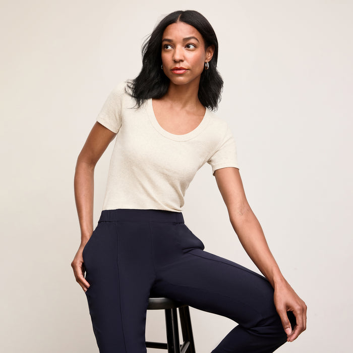 Front image of a woman wearing Avi Scoopneck T-Shirt - Organic Ribbed Pima Cotton :: Beige Melange | Lead