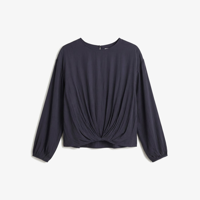 Navy blue long-sleeve top with a knot detail on a white background