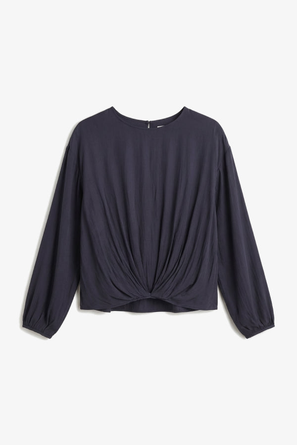 Navy blue long-sleeve top with a knot detail on a white background | Still | Exclude
