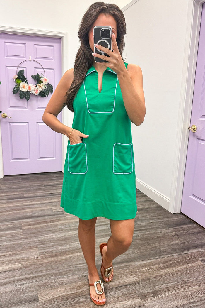 kelly green with blue trim detail mini dress with front patch pockets