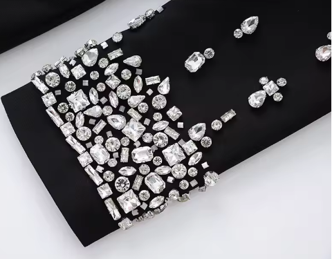 Luxury single-button women’s suit jacket with rhinestone embellishments