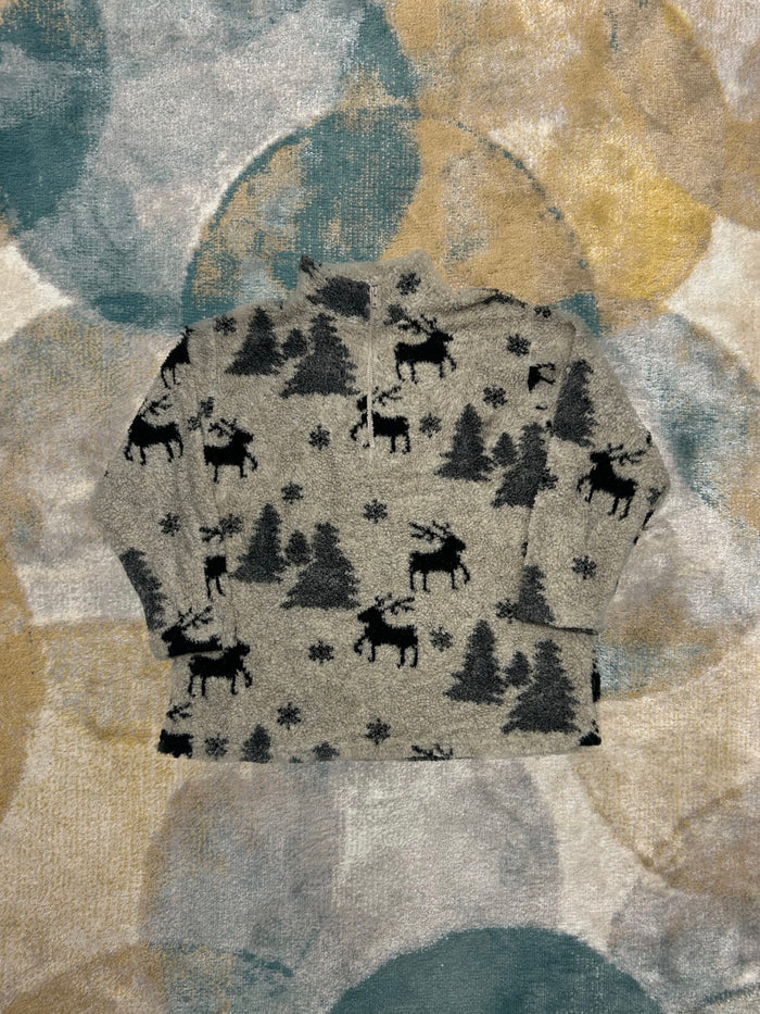 Beige Reindeer and Trees Retro Fluffy Fleece Half-Zip