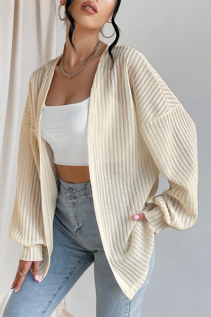 Beige Textured Lantern Sleeve Open Kimono-A WOMAN WE LOVE