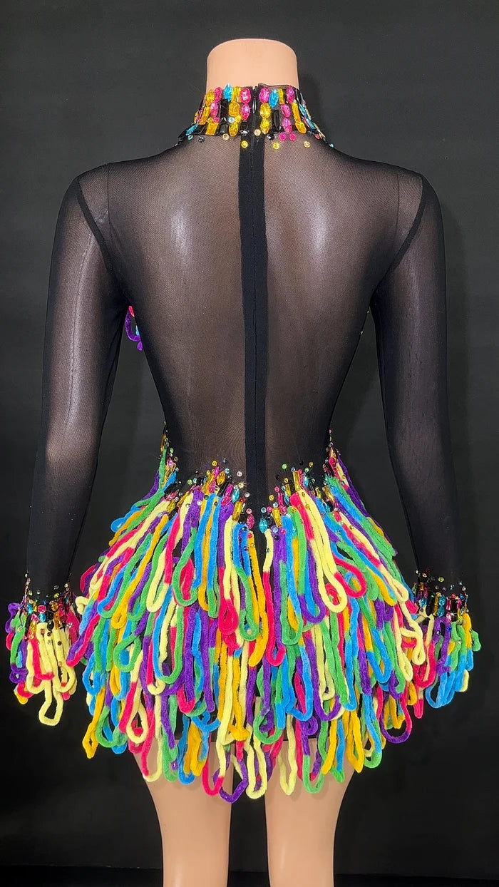 Color sheer mesh mini dress with bright rhinestones for stage or clubwear.