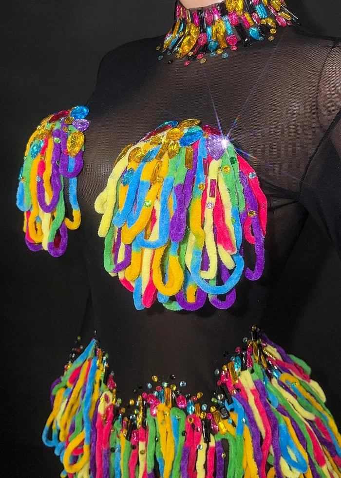 Color sheer mesh mini dress with bright rhinestones for stage or clubwear.