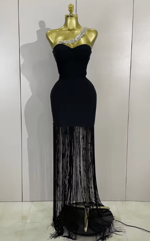 Bianca Black One Shoulder Rhinestone Tassel Bandage Dress