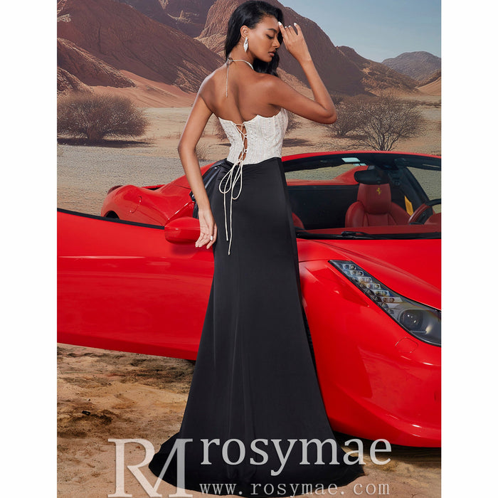 Black & Cream Boat Neck Split Maxi Dress Prom Gown with Corset Back - Rosymae