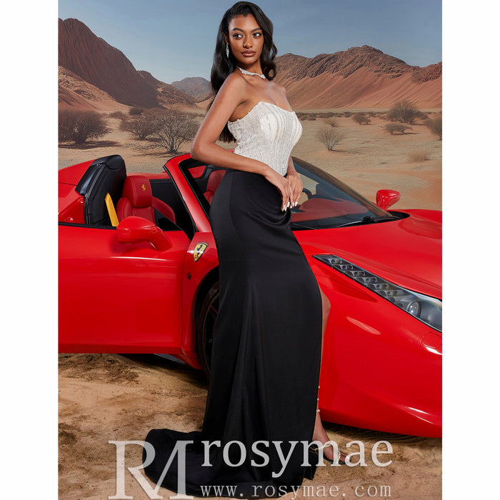 Black & Cream Boat Neck Split Maxi Dress Prom Gown with Corset Back - Rosymae