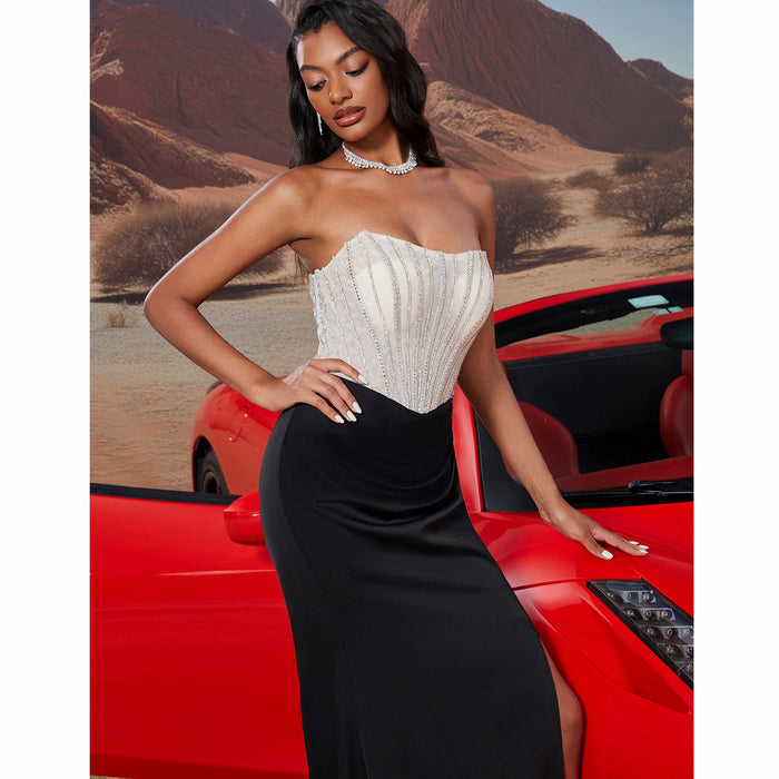 Black & Cream Boat Neck Split Maxi Dress Prom Gown with Corset Back - Rosymae