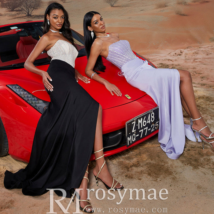 Black & Cream Boat Neck Split Maxi Dress Prom Gown with Corset Back - Rosymae