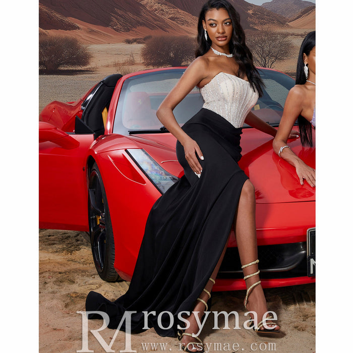 Black & Cream Boat Neck Split Maxi Dress Prom Gown with Corset Back - Rosymae