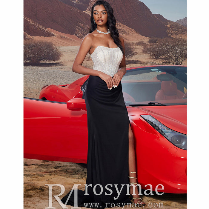 Black & Cream Boat Neck Split Maxi Dress Prom Gown with Corset Back - Rosymae