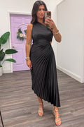 solid black pleated one shoulder asymmetrical hem satin maxi dress