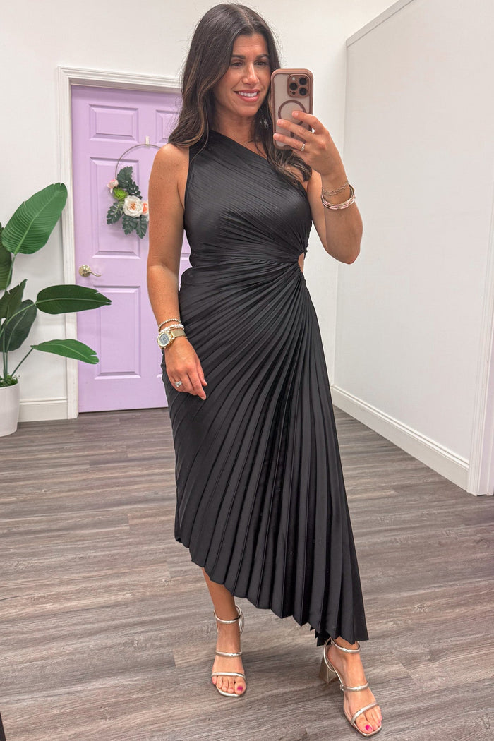 solid black pleated one shoulder asymmetrical hem and neckline satin maxi dress