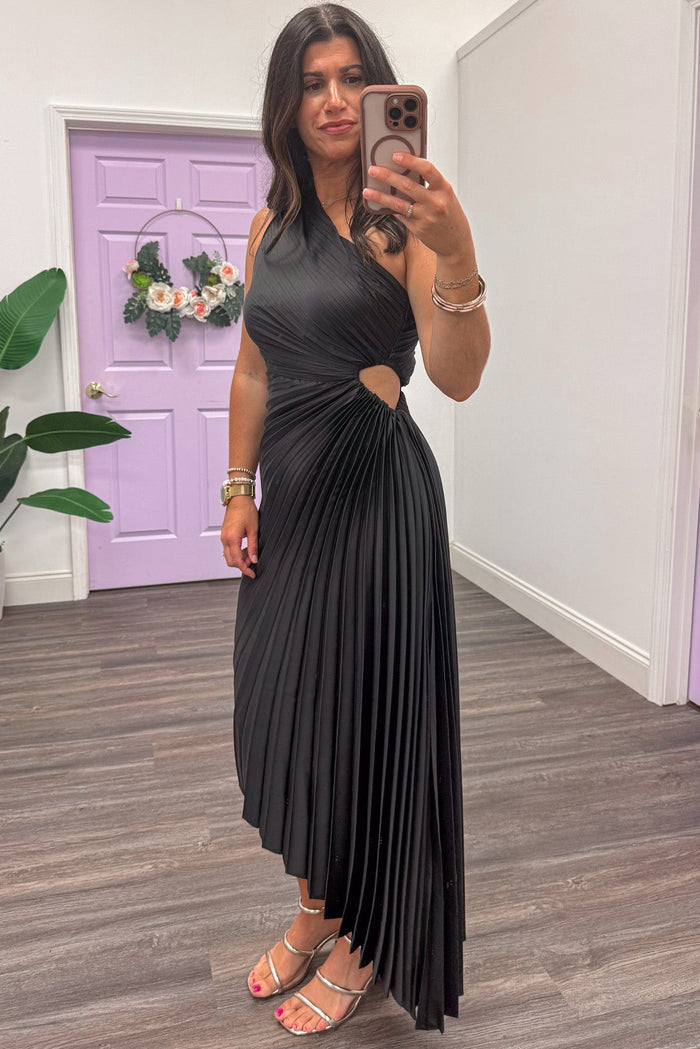 solid black pleated one shoulder asymmetrical hem satin maxi dress with side keyhole cut-out