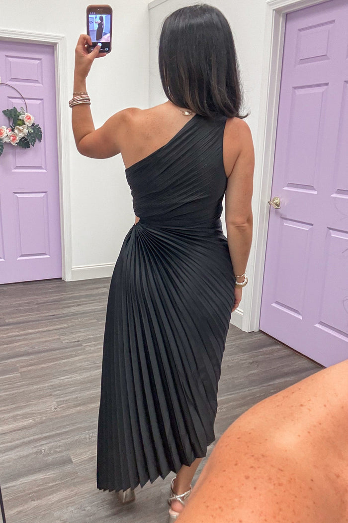 black pleated one shoulder asymmetrical hem satin maxi dress back view