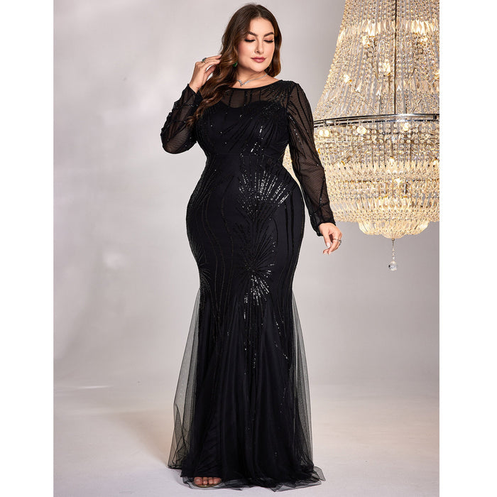 Black Sequins Long Sleeves Formal Evening Dress Plus Prom Dress - Rosymae