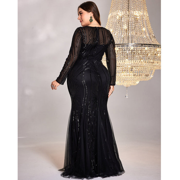 Black Sequins Long Sleeves Formal Evening Dress Plus Prom Dress - Rosymae