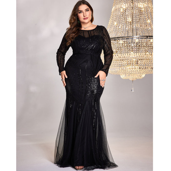 Black Sequins Long Sleeves Formal Evening Dress Plus Prom Dress - Rosymae