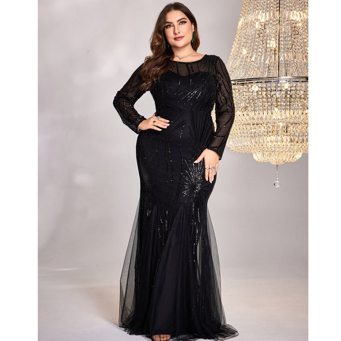 Black Sequins Long Sleeves Formal Evening Dress Plus Prom Dress - Rosymae