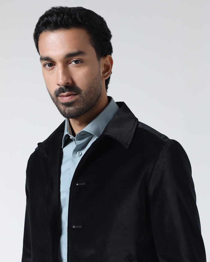 Black Slim Fit Velvet Zipper Jacket - Haiku