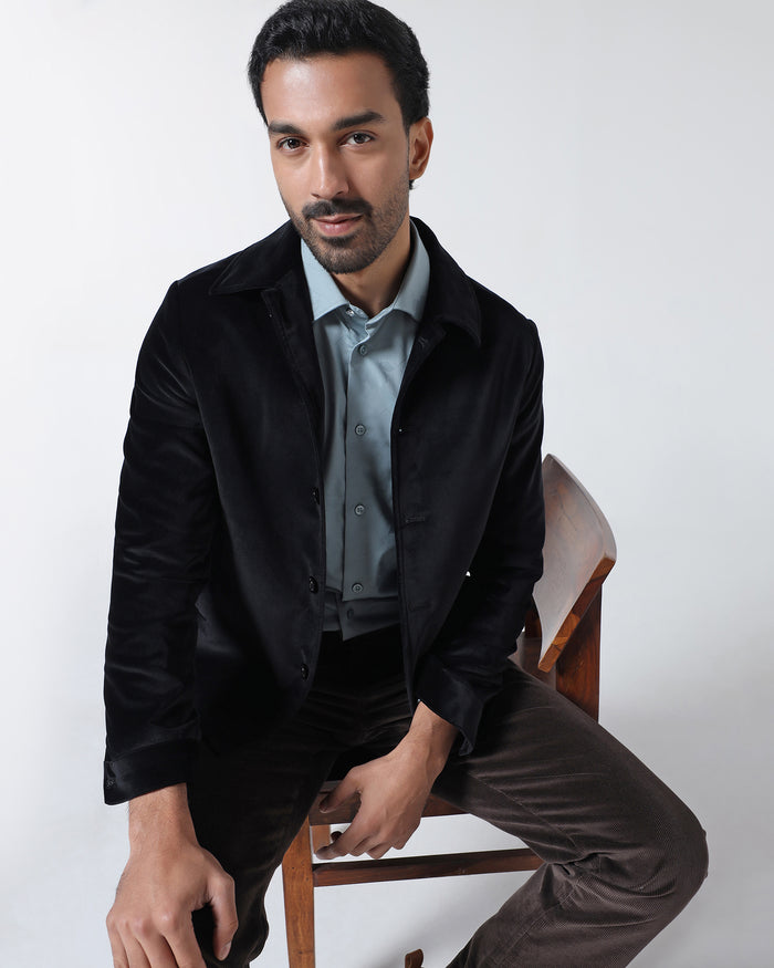 Black Slim Fit Velvet Zipper Jacket - Haiku