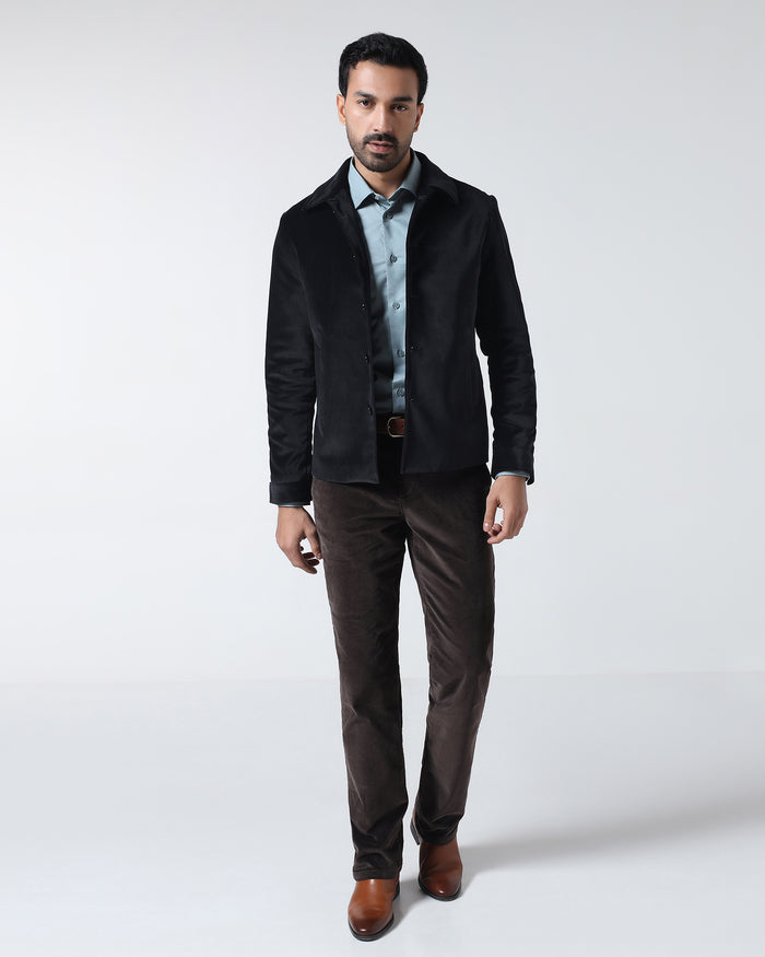 Black Slim Fit Velvet Zipper Jacket - Haiku