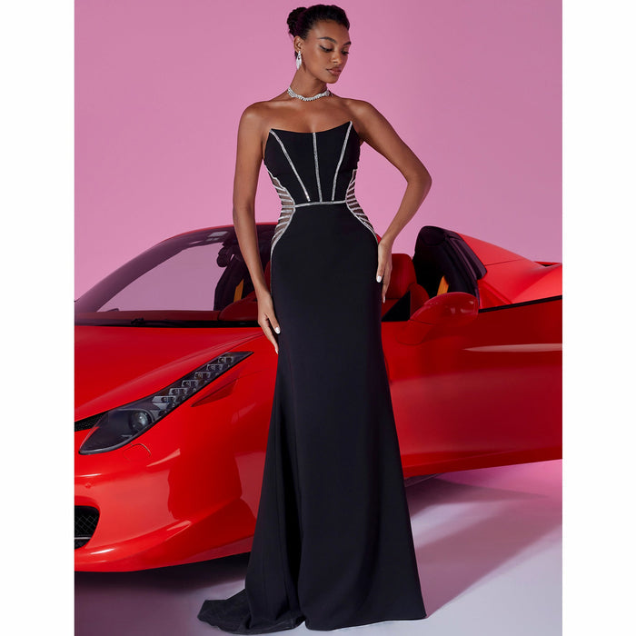 Black Strapless Maxi Dress Cut-Out Fit and Flare Prom Gown BP049 - Rosymae