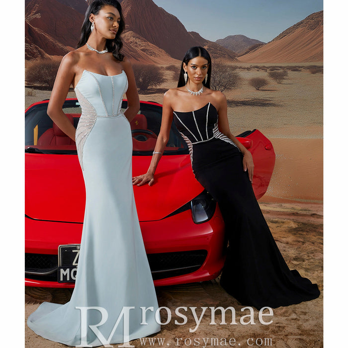 Black Strapless Maxi Dress Cut-Out Fit and Flare Prom Gown BP049 - Rosymae