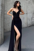 Black Strapless V-Neck Pleats High Slit Sleeveless Prom Party Dress
