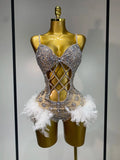 Blair Starlight feather bodysuit with glamorous feathers and shimmering details.