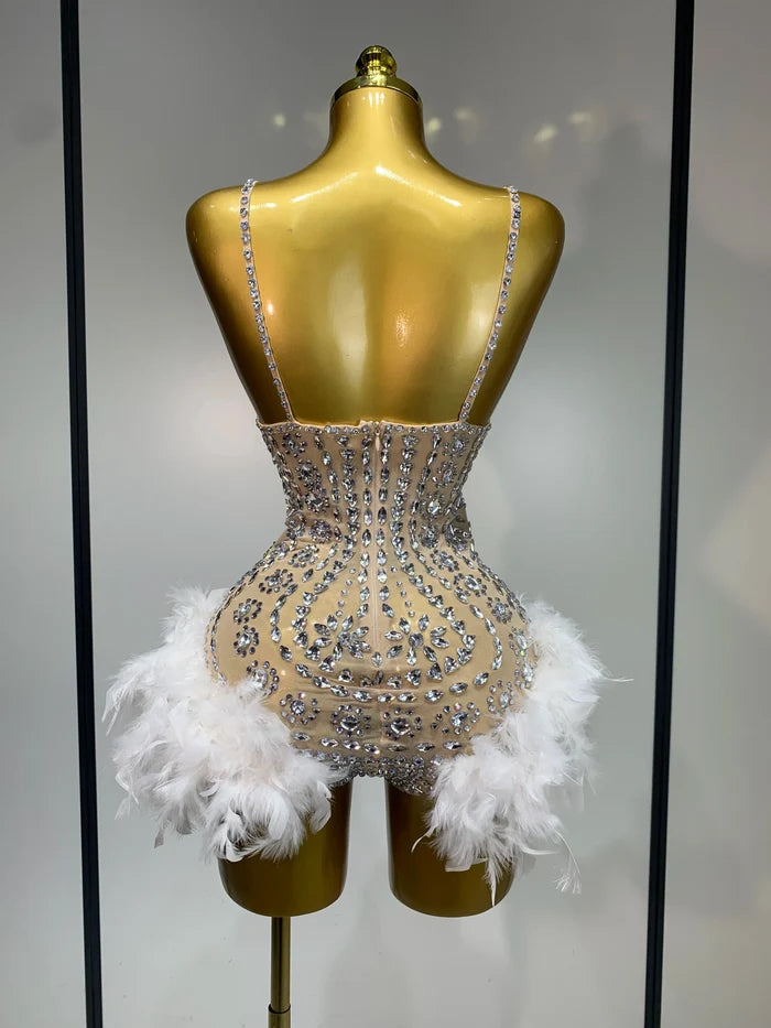 Blair Starlight feather bodysuit with glamorous feathers and shimmering details.