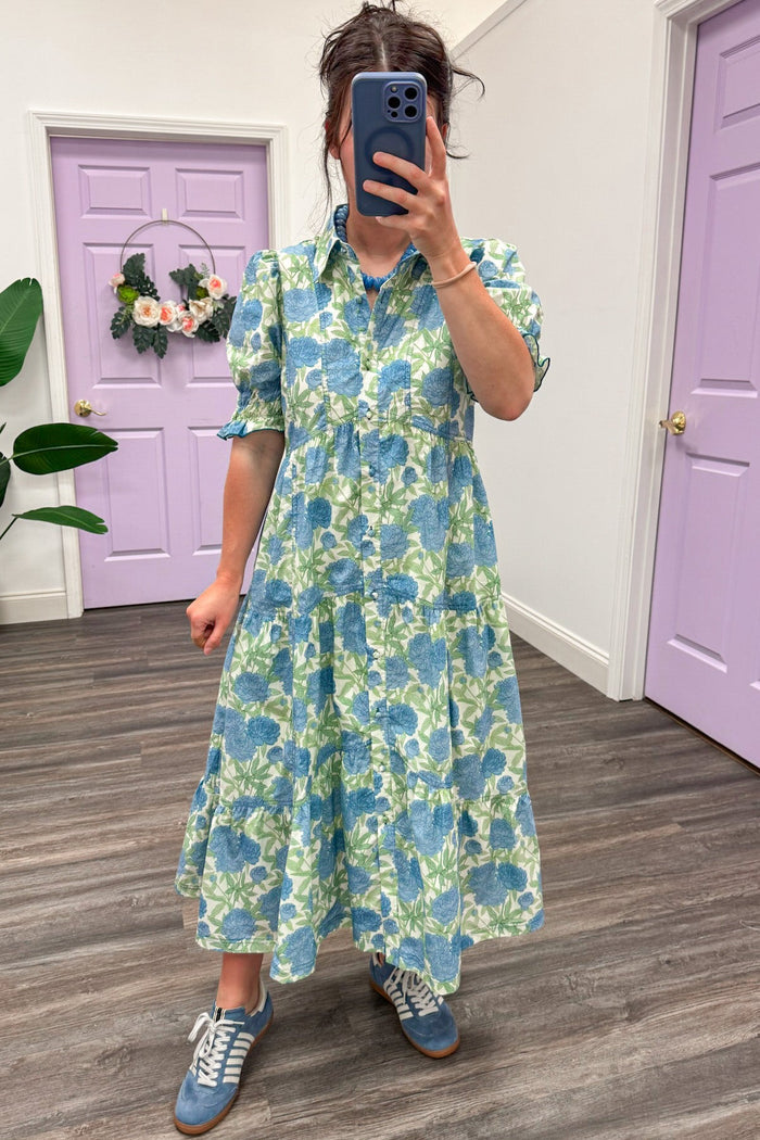 blue green and cream floral print button front short sleeve midi dress