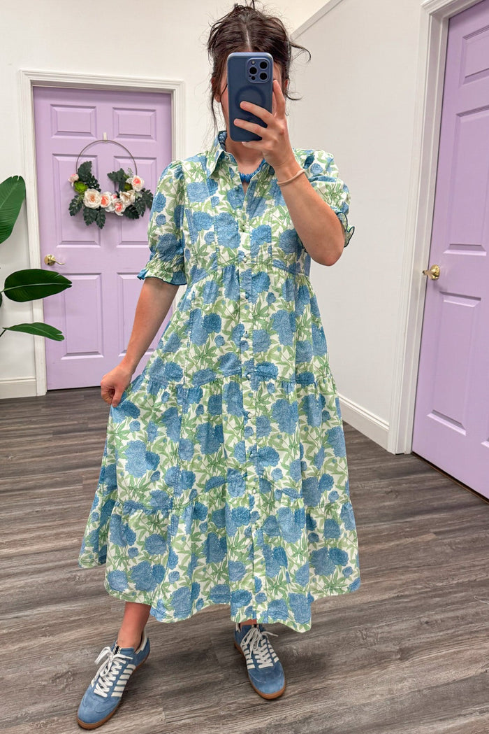 blue green and cream floral print button front short sleeve relaxed silhouette midi dress