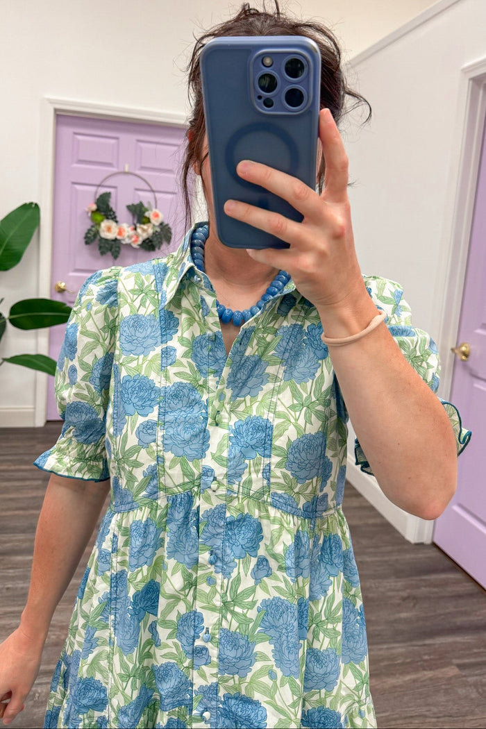 blue green and cream floral print button front collared neckline short sleeve midi dress