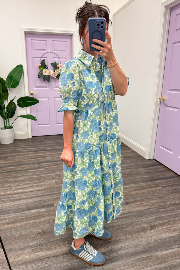 blue green and cream floral print button front smocked short puff sleeve midi dress