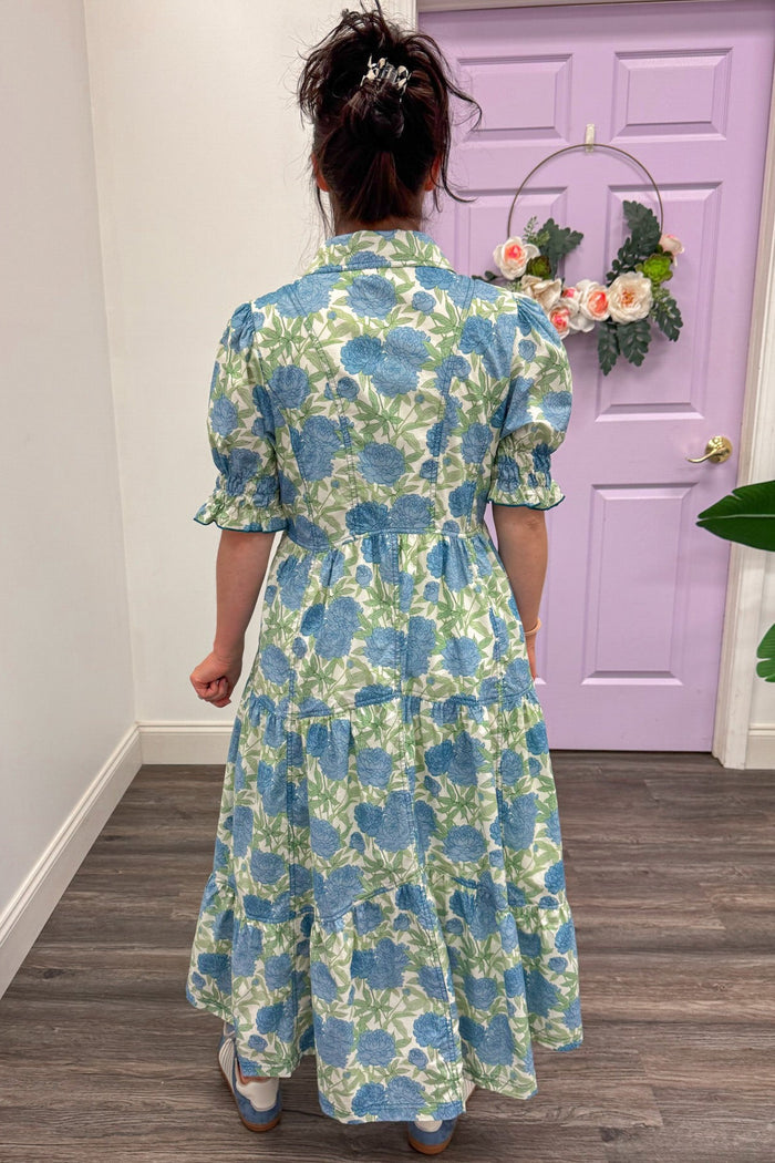 blue green and cream floral print button front short sleeve tiered flowy midi dress
