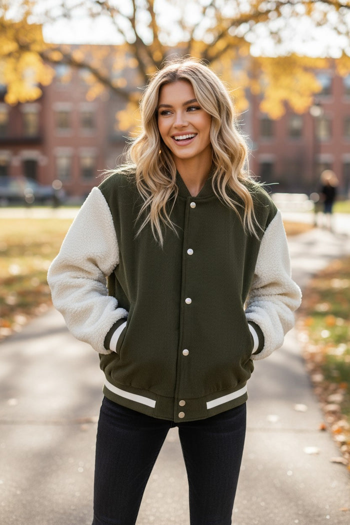 Blouson aviateur boutonné en velours côtelé vert brume
