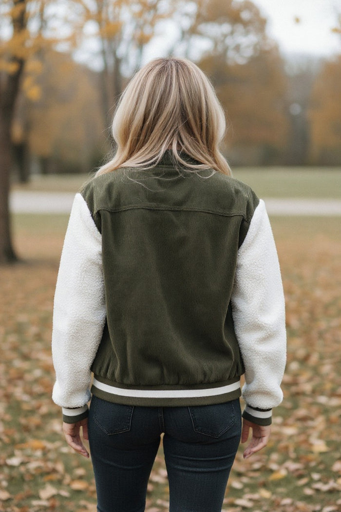 Blouson aviateur boutonné en velours côtelé vert brume