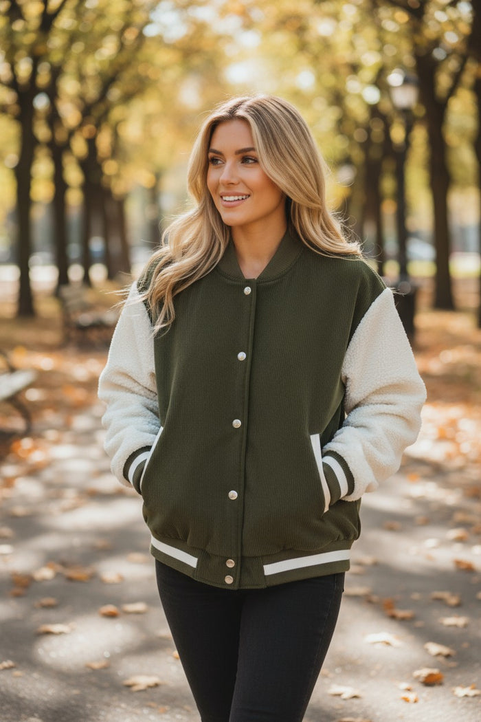 Blouson aviateur boutonné en velours côtelé vert brume