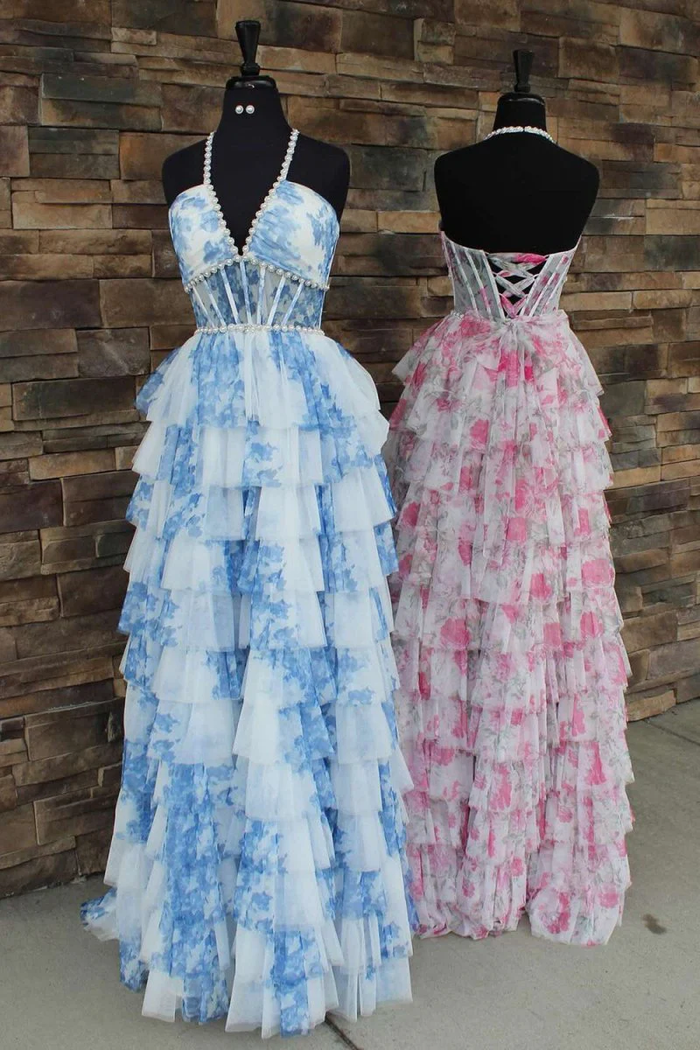 Blue – A Line Floral Tulle Halter Long Prom Dress with Ruffles and Beading