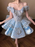 Blue A Line Off the Shoulder Exquisite Beaded Sequin Short Homecoming Dress