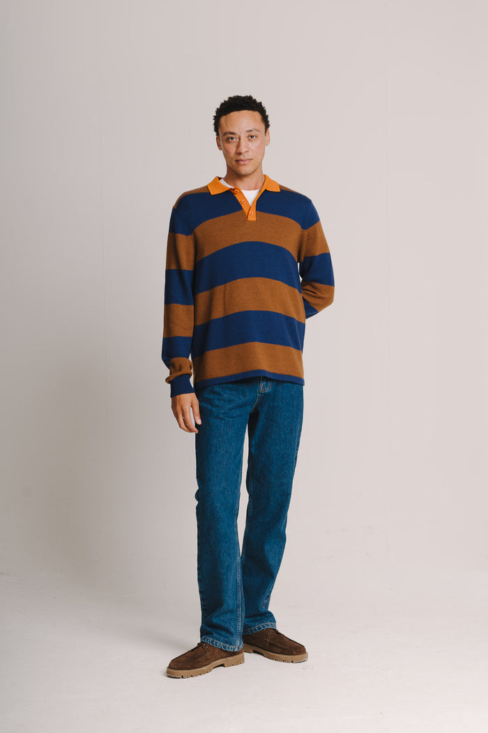 Blue & Brown Merino Knit Rugby Polo Shirt, Rugby Polo Shirt - SIRPLUS