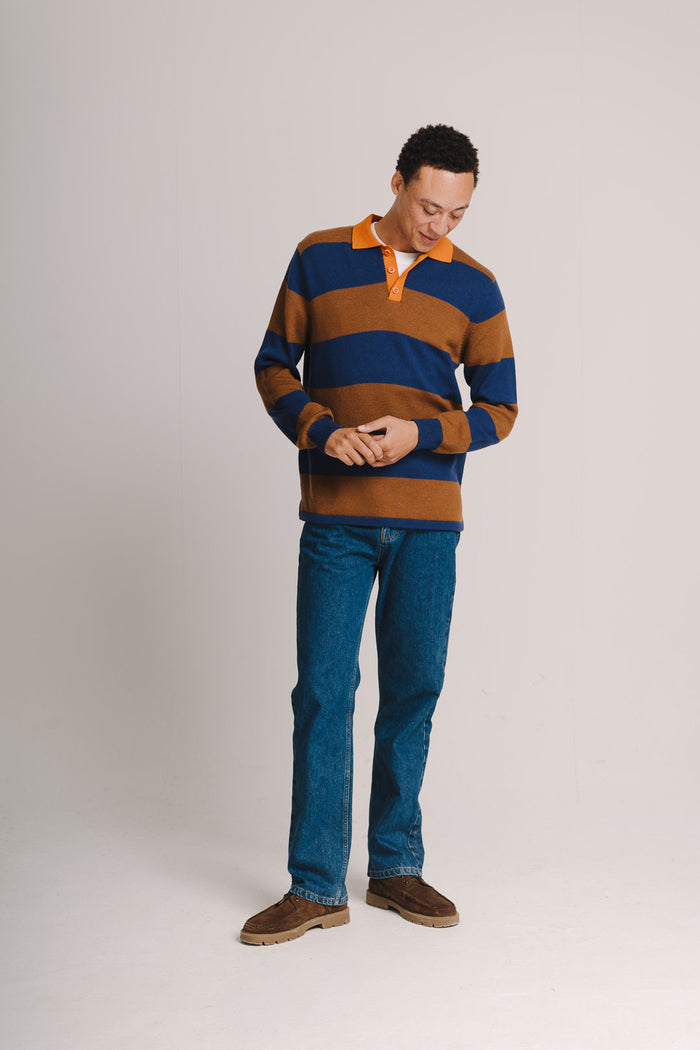 Blue & Brown Merino Knit Rugby Polo Shirt, Rugby Polo Shirt - SIRPLUS