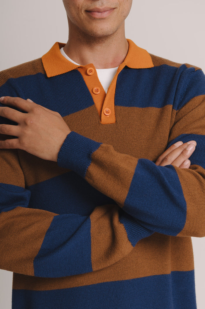 Blue & Brown Merino Knit Rugby Polo Shirt, Rugby Polo Shirt - SIRPLUS