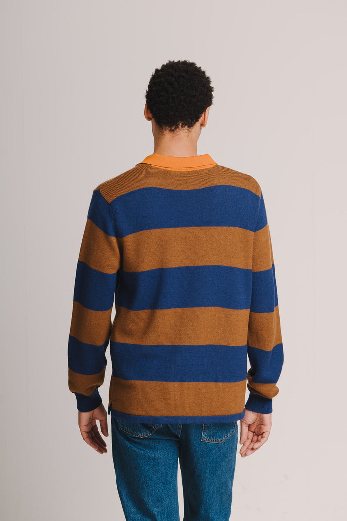 Blue & Brown Merino Knit Rugby Polo Shirt, Rugby Polo Shirt - SIRPLUS