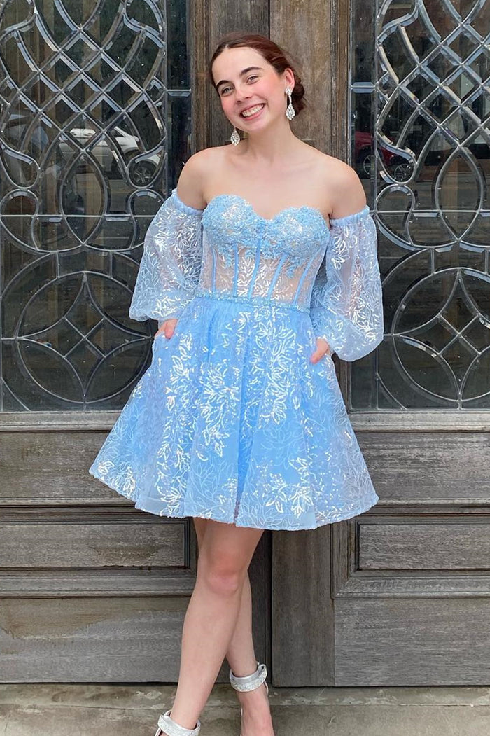 Blue Lace Bustier A-Line Short Homecoming Dress with Detachable Sleeve
