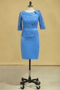 Blue Lace Crew Neck Half Sleeve Short Mother of the Bride Dress